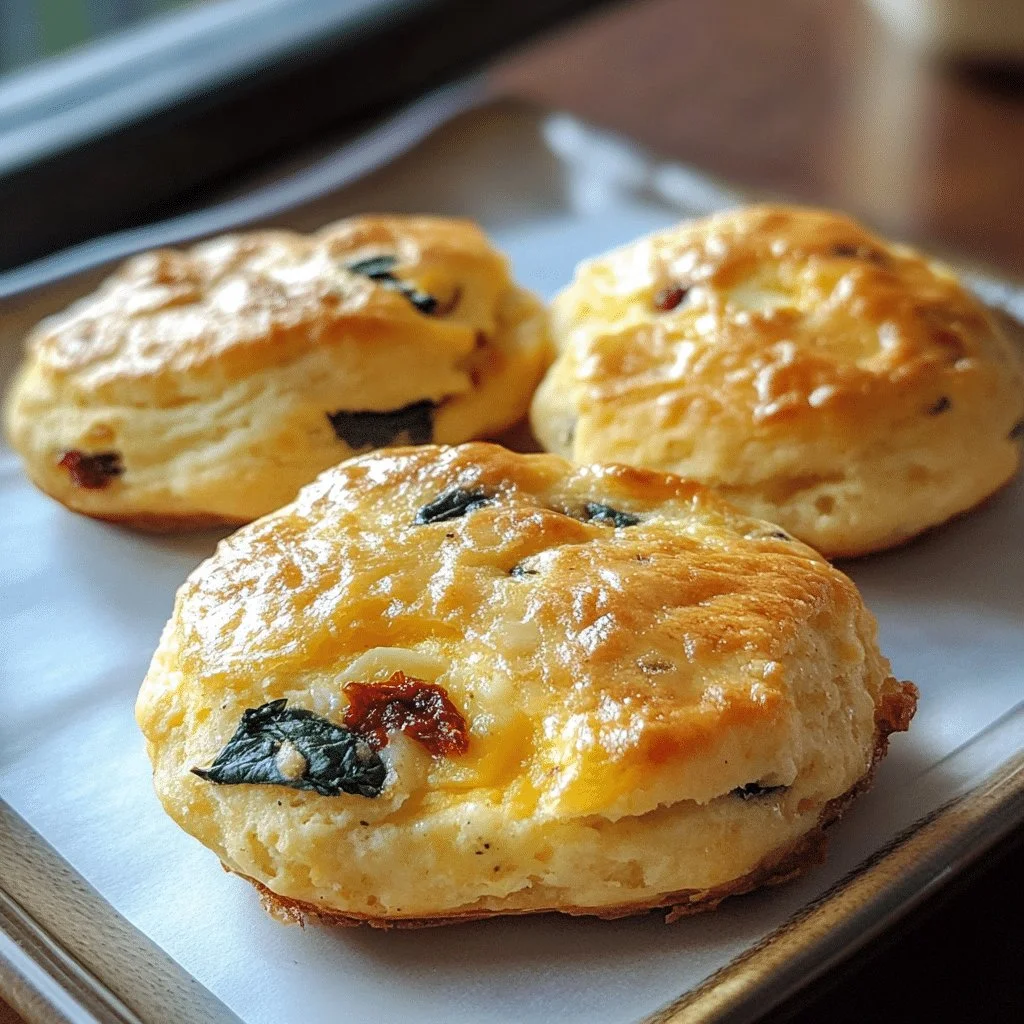 Sun Dried Tomato Spinach Egg Biscuits on a wooden table.