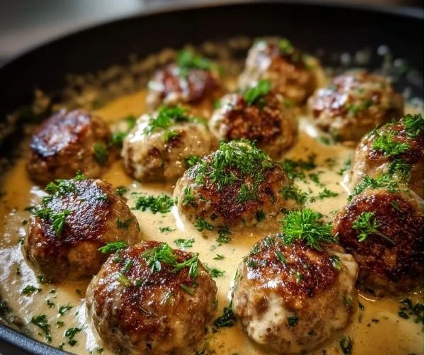 Delicious Swedish Meatballs served with creamy sauce and lingonberry