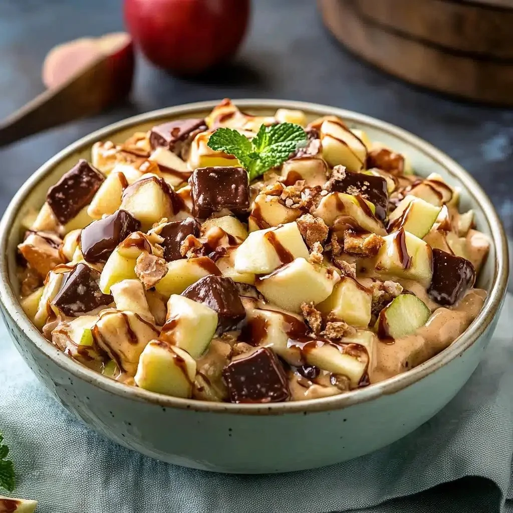 Delicious Snickers Apple Salad with apples, Snickers candy, and creamy dressing