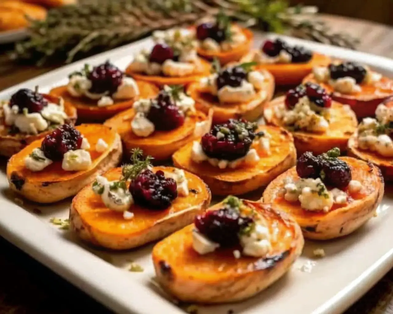 sweet potato rounds with goat cheese and cranberry balsamic glaze on a white plate
