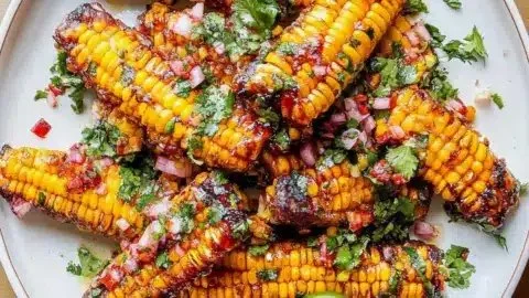 Grilled sweetcorn ribs topped with lime and chili dressing