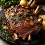 Tender roasted lamb shoulder served with herbs and vegetables
