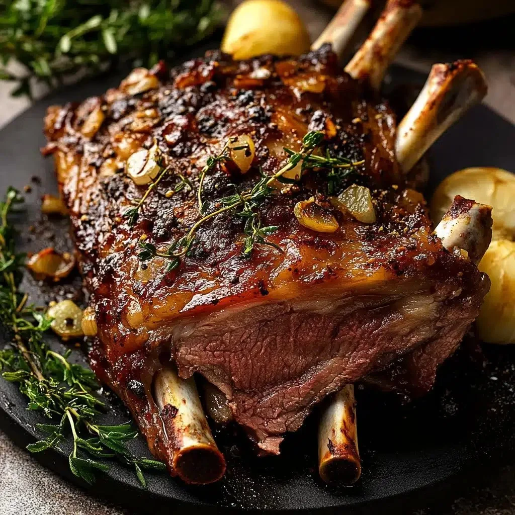 Tender roasted lamb shoulder served with herbs and vegetables