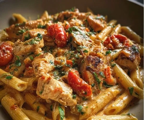 Plate of delicious Tomato Chicken Pasta with fresh tomatoes and chicken pieces