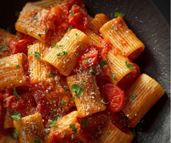 Delicious Tomato Rigatoni pasta garnished with fresh herbs.