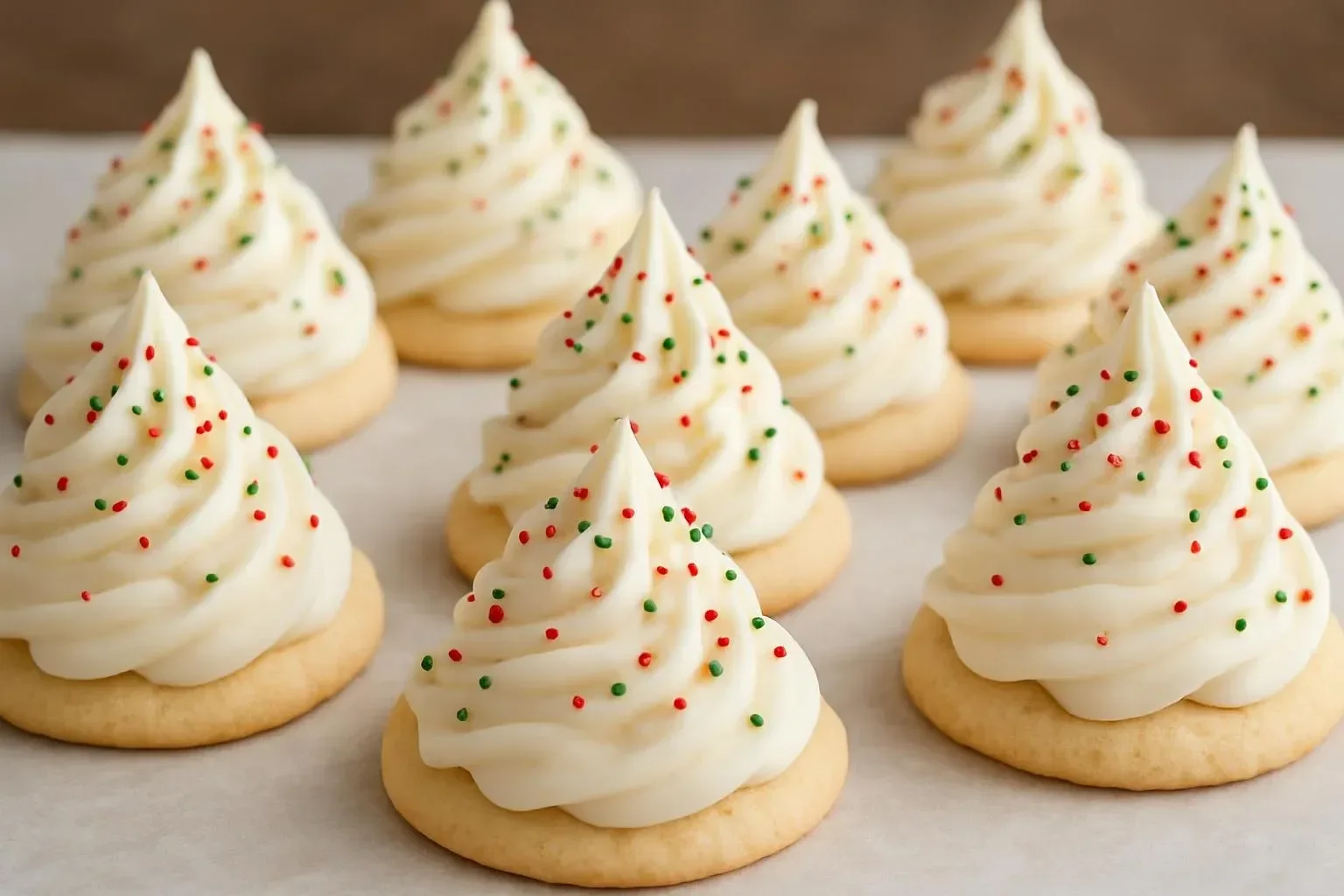 Festive tree-shaped meringue cookies arranged on a plate
