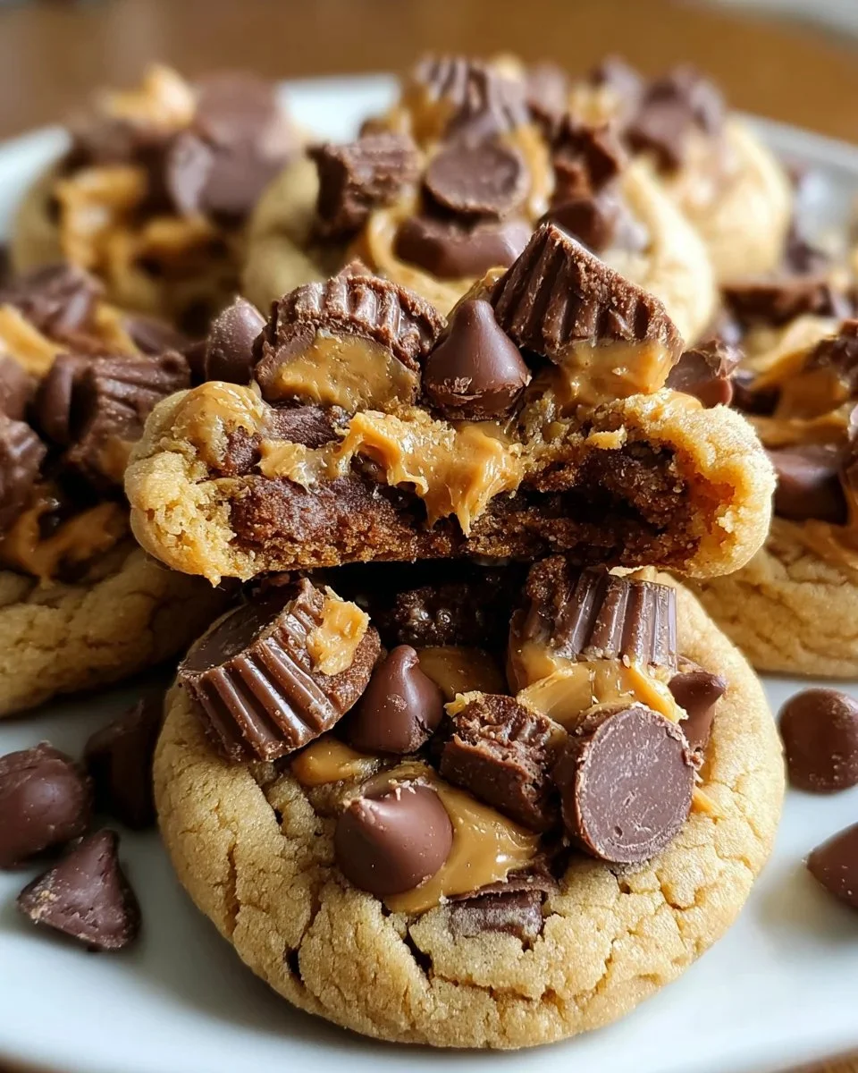 Triple Reese’s Peanut Butter Cookies stacked on a plate with chocolate drizzle