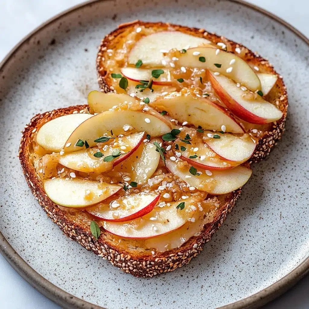 Close-up of Apple Tahini Toast topped with apple slices and nuts on a wooden table