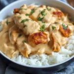 Creamy Smothered Chicken And Rice dish with juicy chicken and rich sauce served over rice.