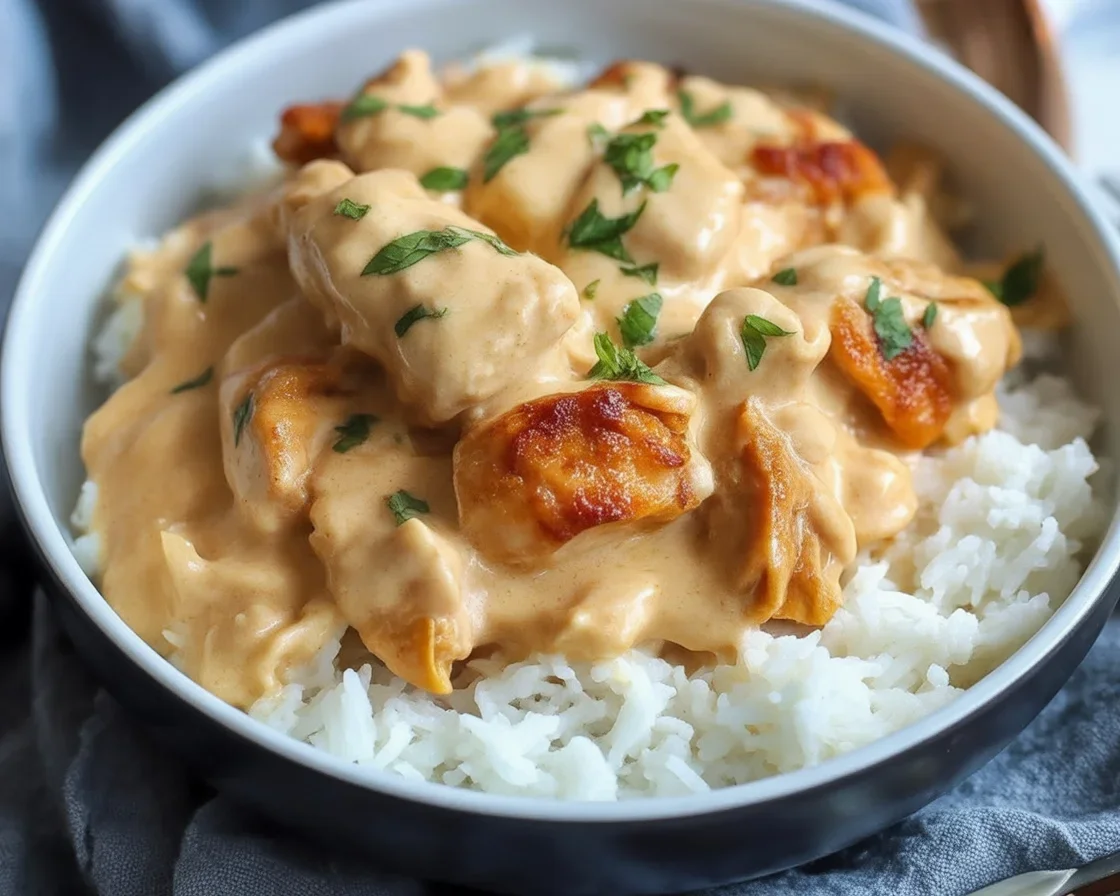 Creamy Smothered Chicken And Rice dish with juicy chicken and rich sauce served over rice.