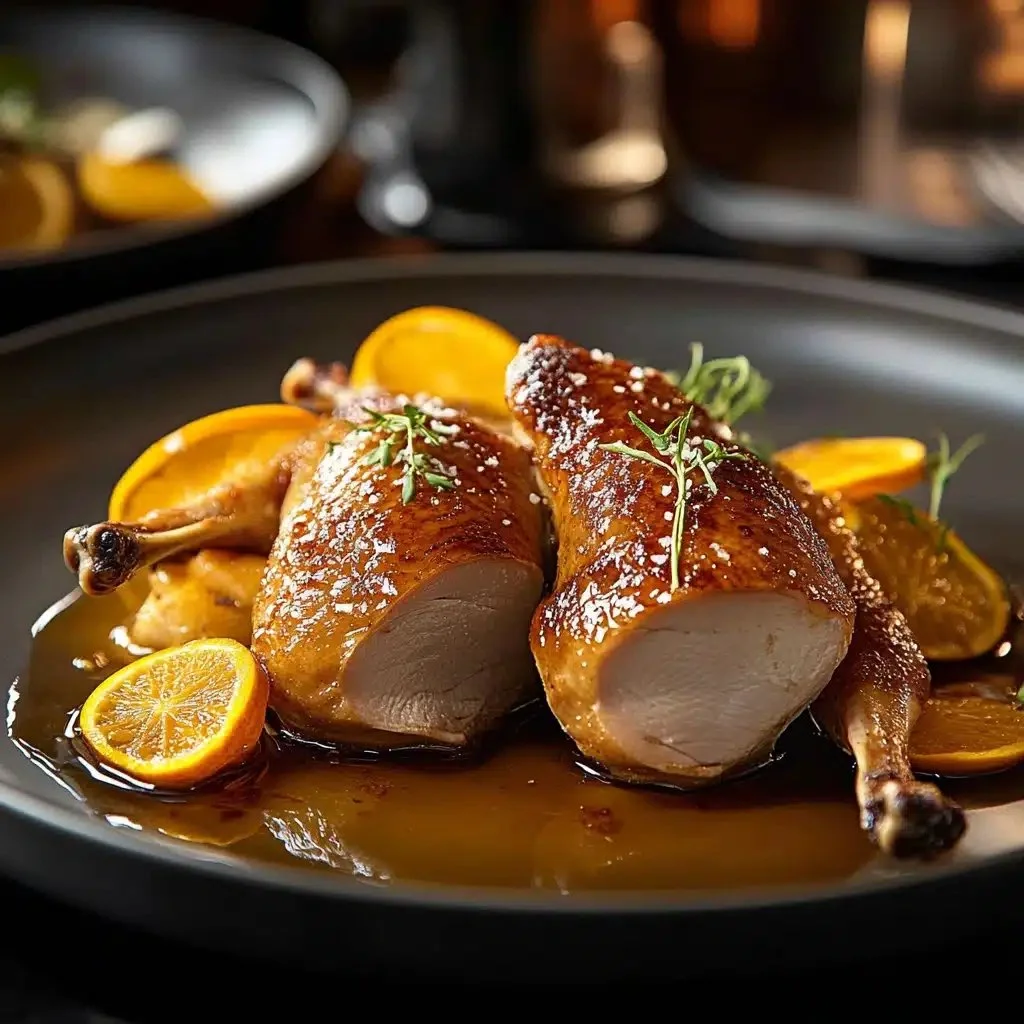 Delicious plate of Duck à l'Orange garnished with orange slices and herbs