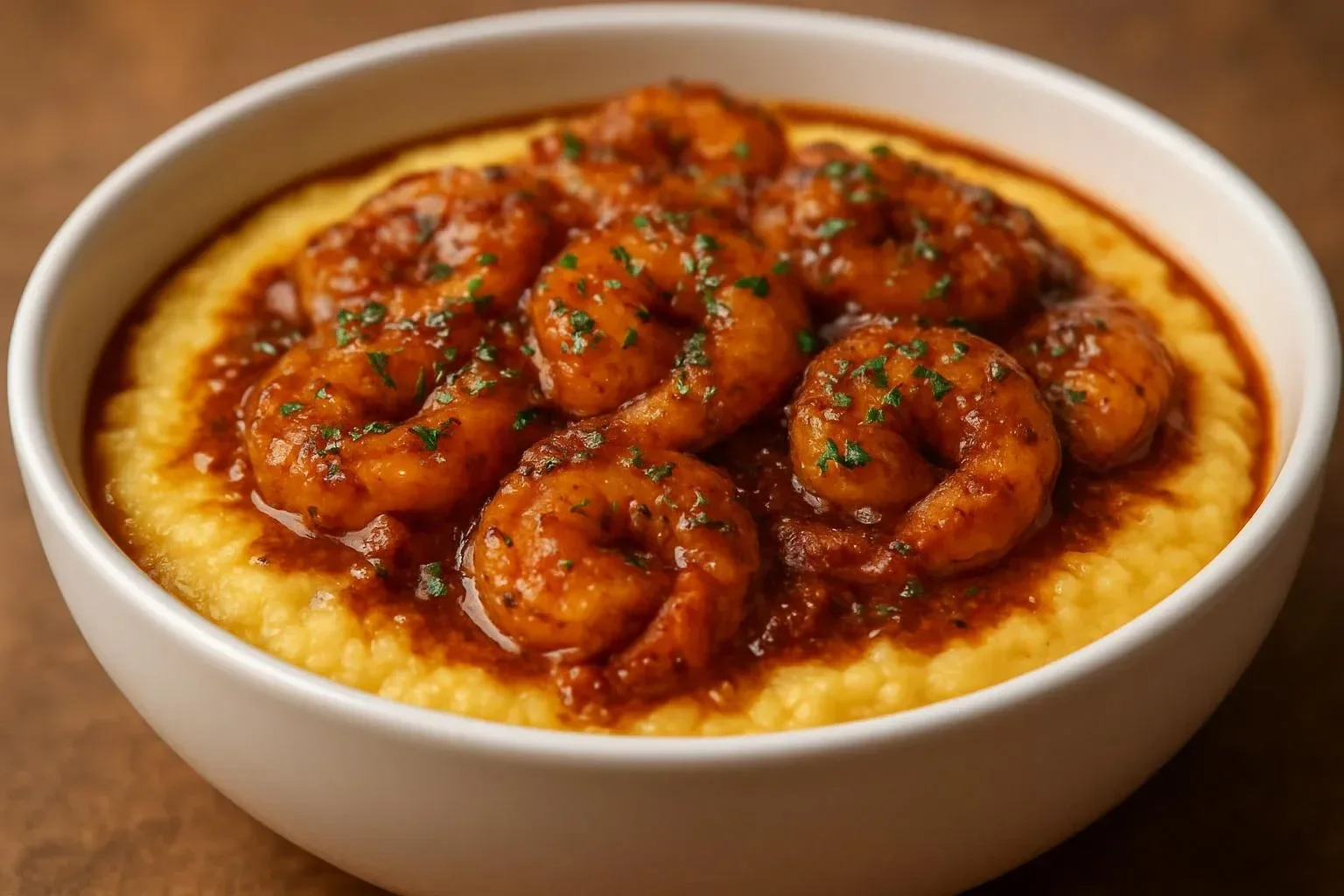 Bowl of Vegan Caramelized Onion Mashed Potatoes topped with fresh herbs