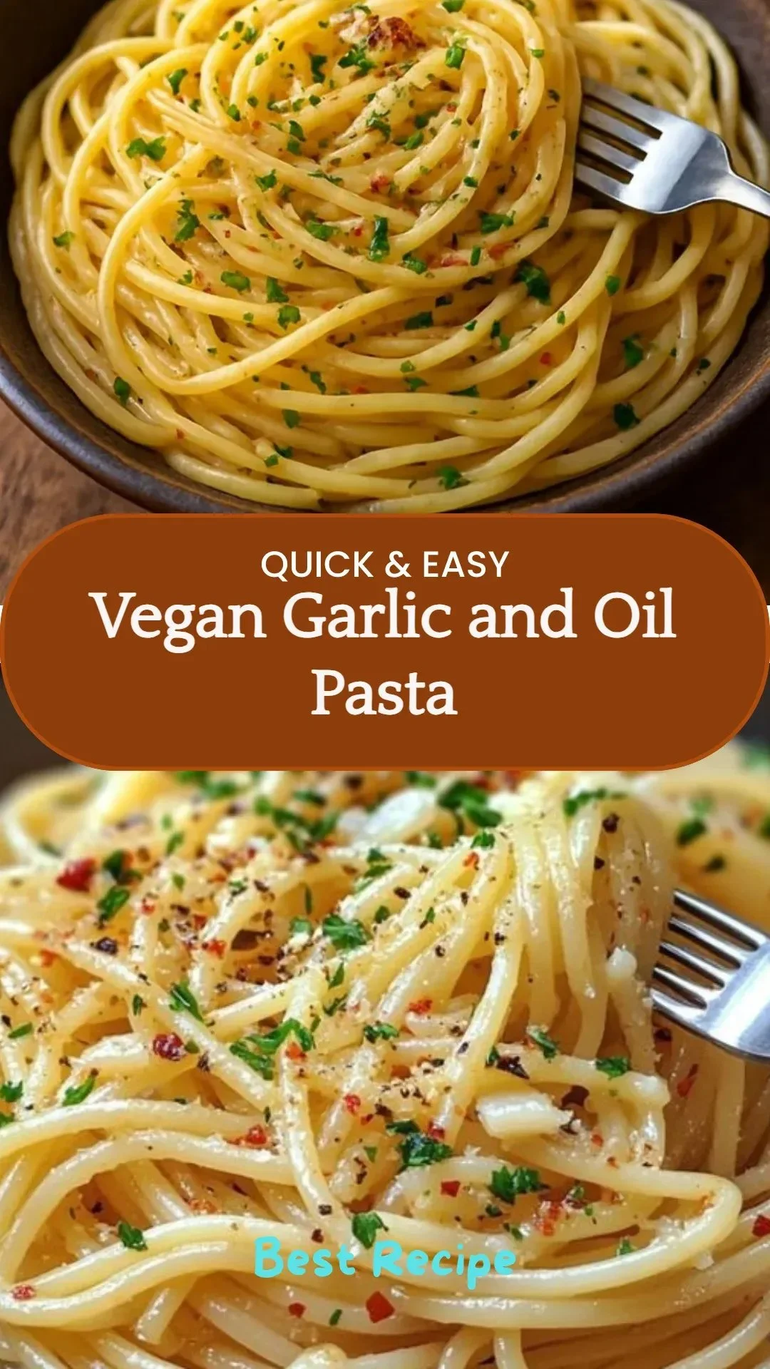 Delicious vegan garlic and oil pasta served with fresh parsley and chili flakes