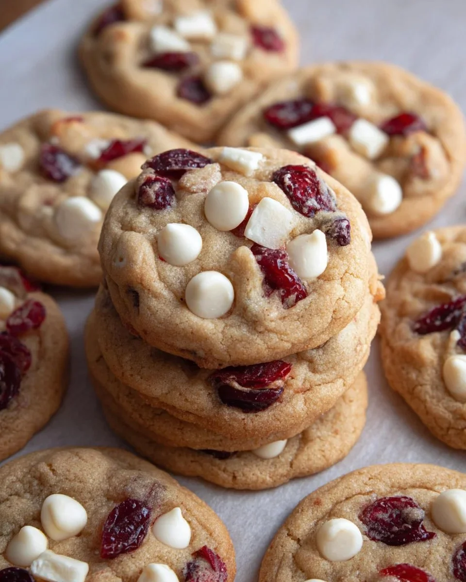 Freshly baked white chocolate chip cranberry cookies on a plate.