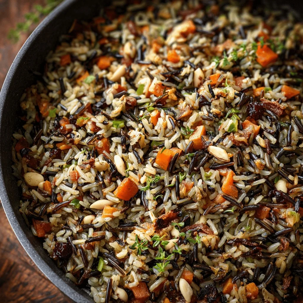 Delicious wild rice pilaf with vegetables and herbs in a serving dish