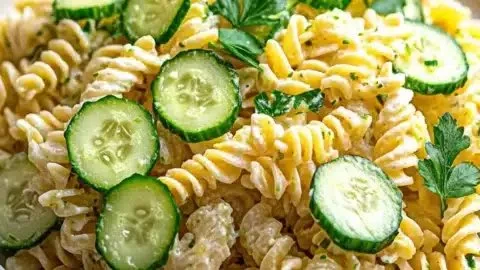 Zesty Lemon Cucumber Pasta Salad with fresh ingredients in a bowl