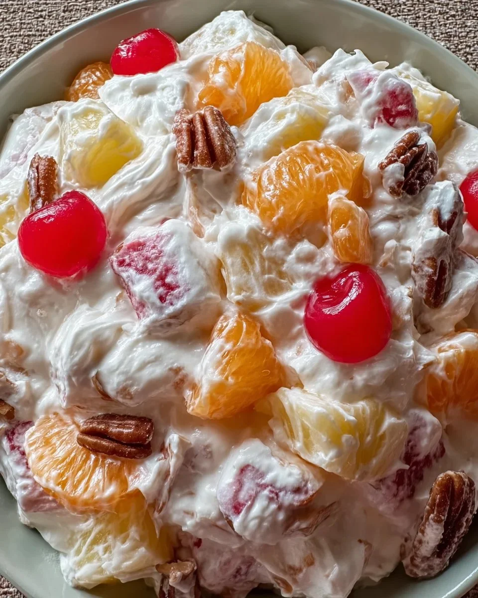 A vibrant Ambrosia Salad with marshmallows and fruit in a creamy mixture.