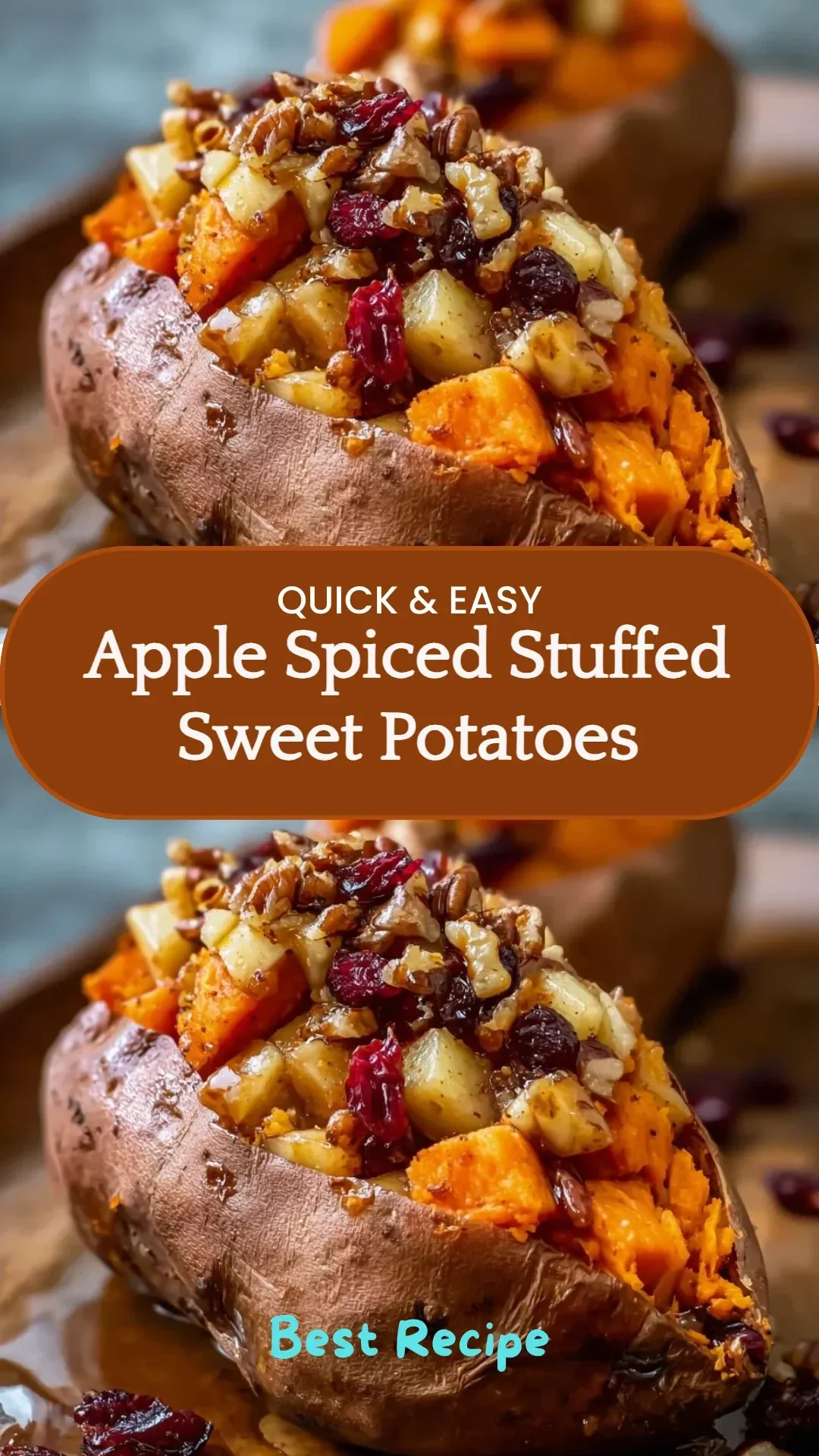 Baked apple spiced stuffed sweet potatoes topped with pecans and drizzled with syrup