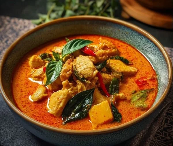 Bowl of authentic Thai red curry with chicken and fresh herbs