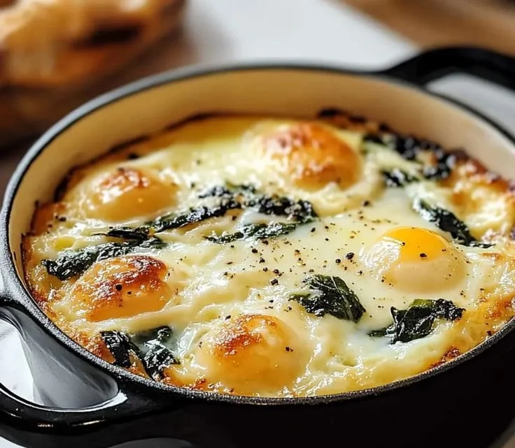 Baked Eggs Florentine with spinach and cheese, served in a dish