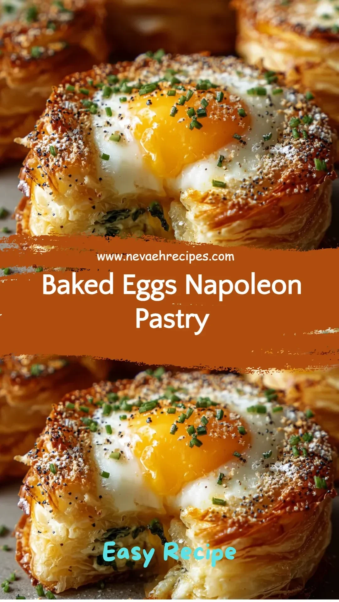 Baked eggs in flaky Napoleon pastry topped with herbs and cheese.