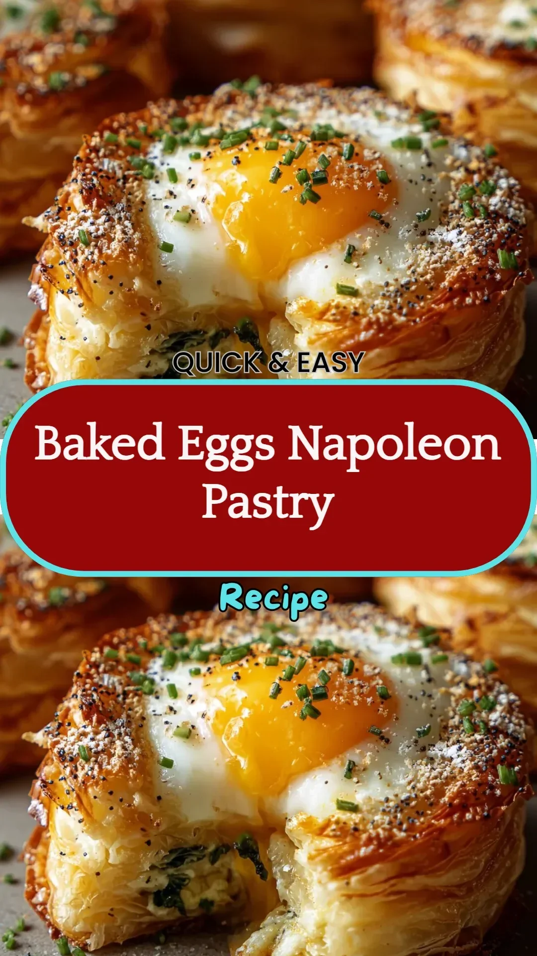 Baked Eggs Napoleon Pastry with flaky pastry and eggs on a plate.