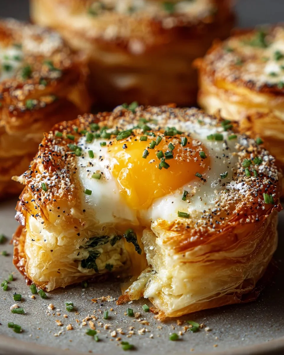 Baked Eggs Napoleon Pastry served on a plate with fresh herbs.