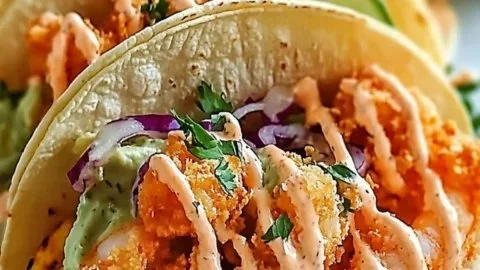 Delicious Bang Bang Shrimp Tacos served with fresh toppings