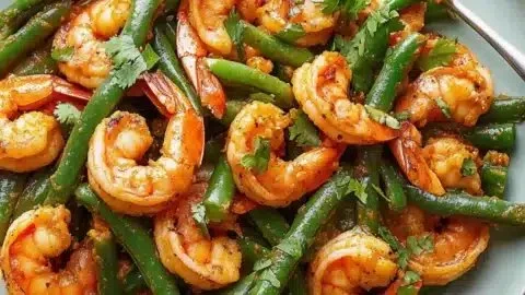 Bangladeshi spiced shrimp stir-fry with green beans served in a bowl