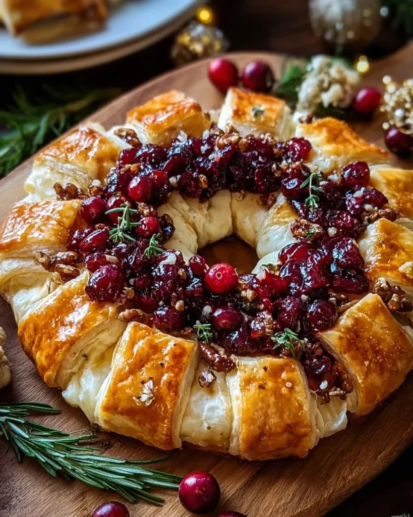 Brie cheese and cranberry Christmas wreath served as a festive appetizer.