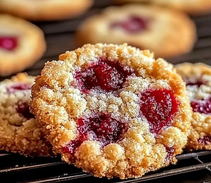 Buttery raspberry crumble cookies with a crumble topping on a plate