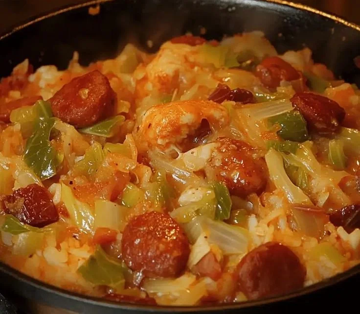 Delicious bowl of Cajun Cabbage Jambalaya filled with spices and vegetables.