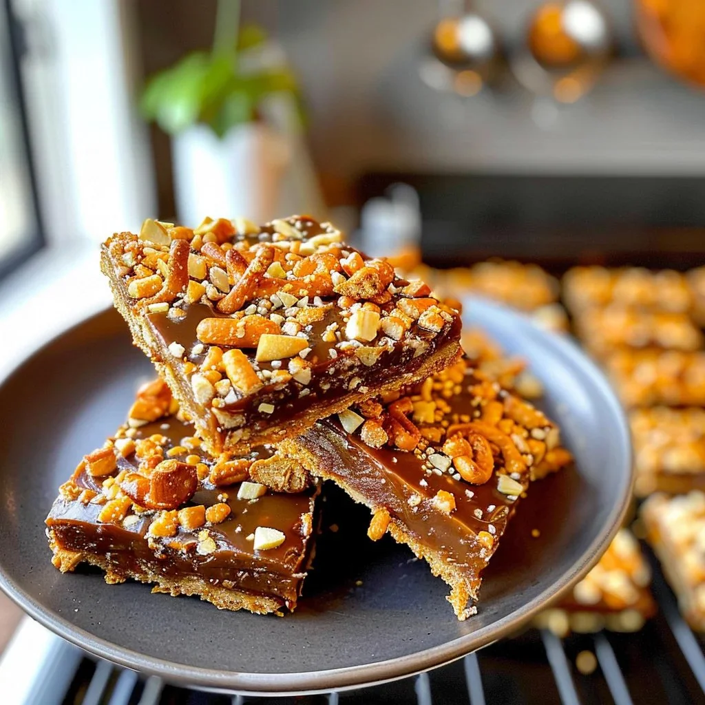 Homemade Caramel Pretzel Bars with a sweet and salty flavor combination.