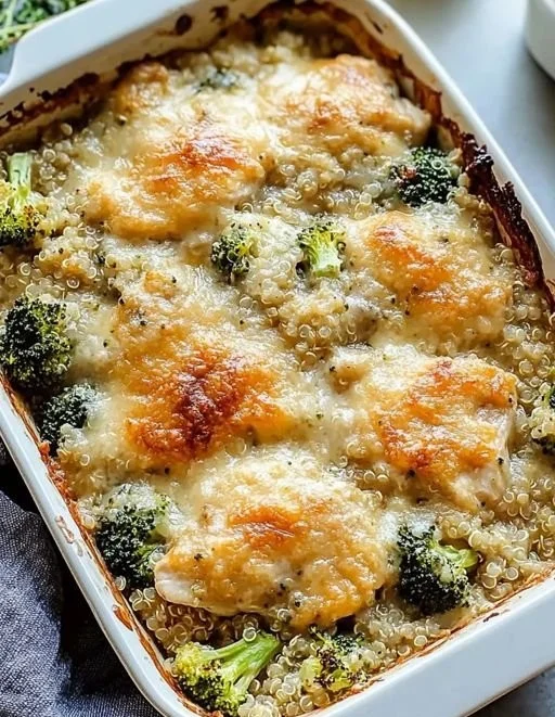 Cheesy chicken and broccoli quinoa bake in a casserole dish