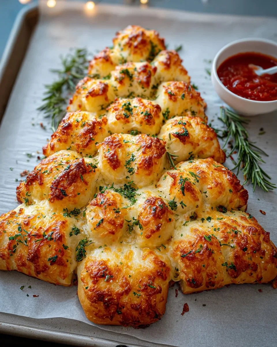 Cheesy Christmas Tree Bread shaped like a holiday tree
