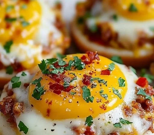 Cheesy English muffin breakfast pizzas topped with eggs and cheese for a quick meal.