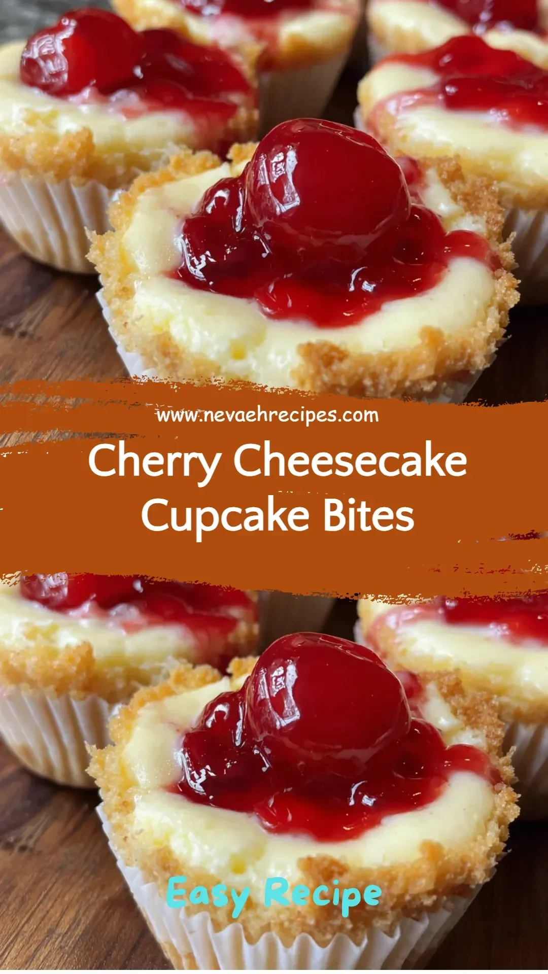 Cherry cheesecake cupcake bites topped with cherry syrup and whipped cream.