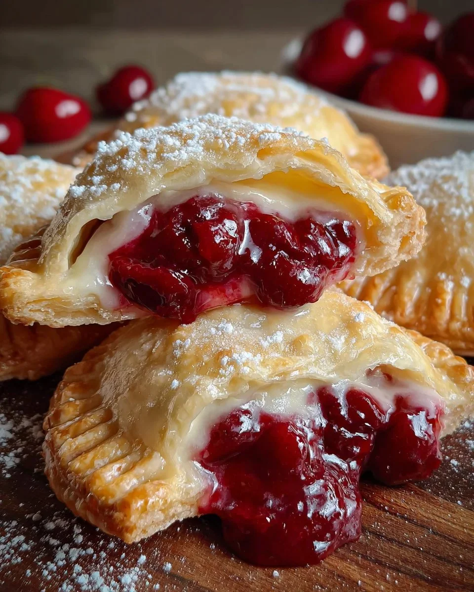 Delicious cherry cheesecake hand pies on a cooling rack.