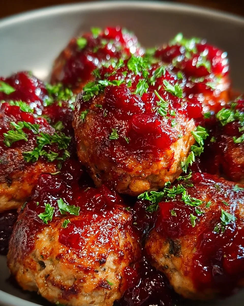 Plate of Cherry-Coded Cranberry BBQ Meatballs garnished with parsley