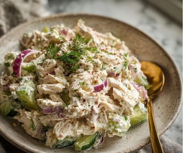 Healthy chicken salad with cottage cheese in a bowl garnished with herbs