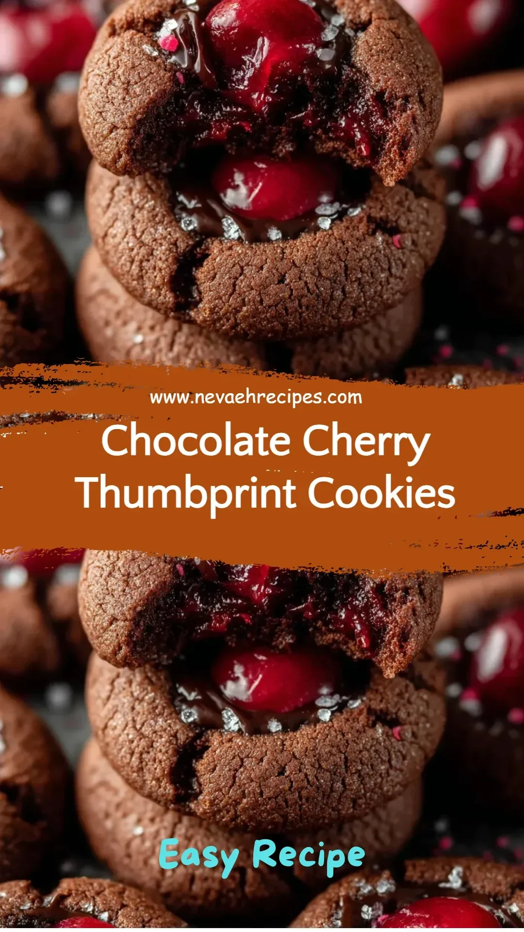 Chocolate Cherry Thumbprint Cookies with cherry filling and chocolate drizzle.