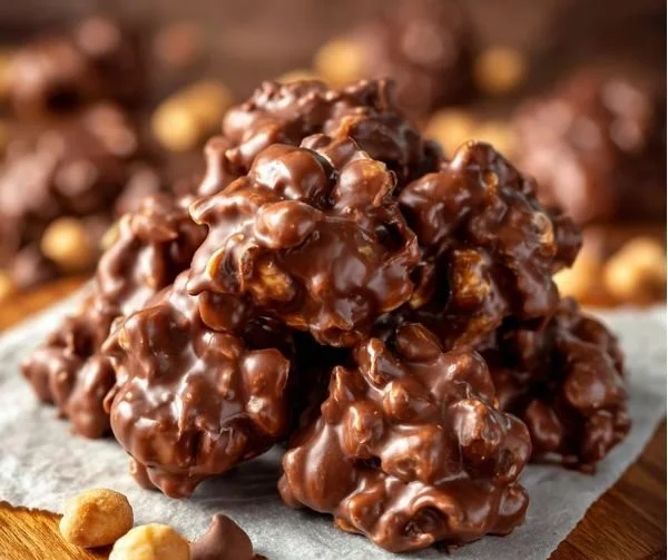 Delicious chocolate peanut clusters in a bowl, perfect for snacking.