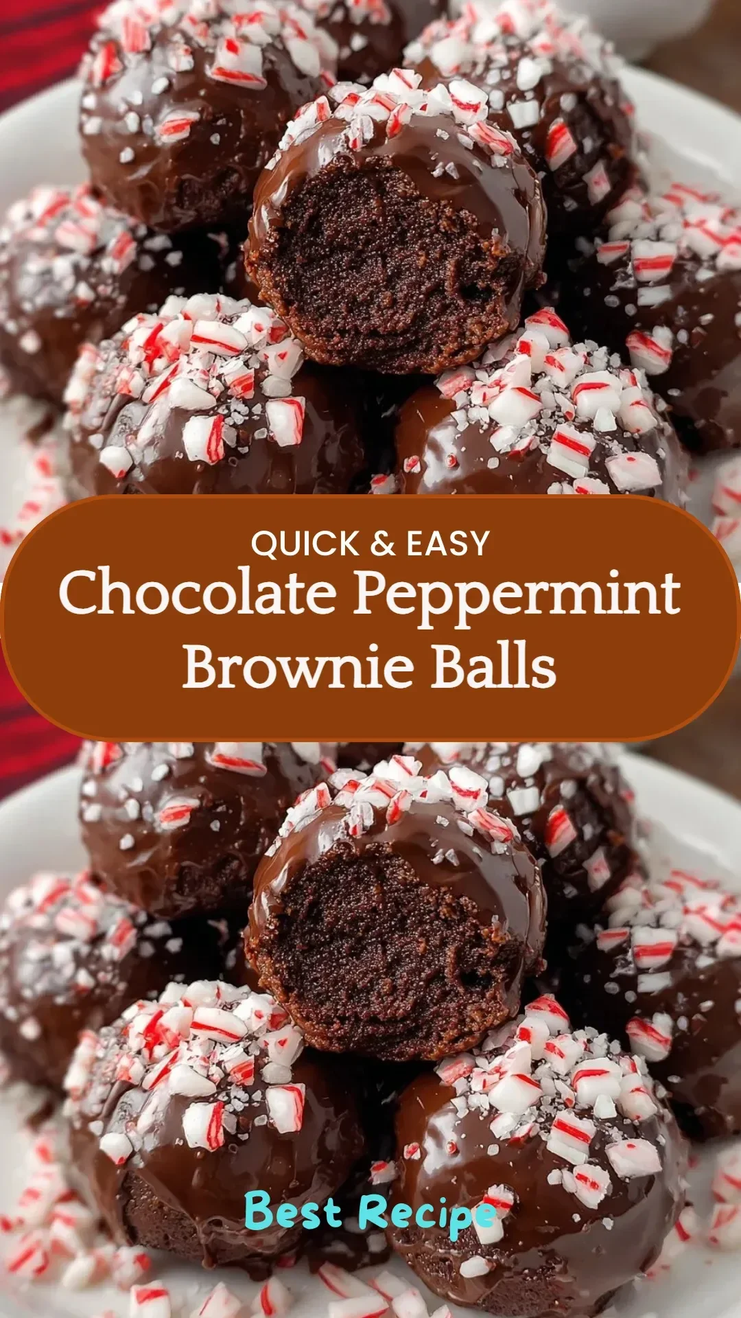 Delicious chocolate peppermint brownie balls arranged on a festive plate.