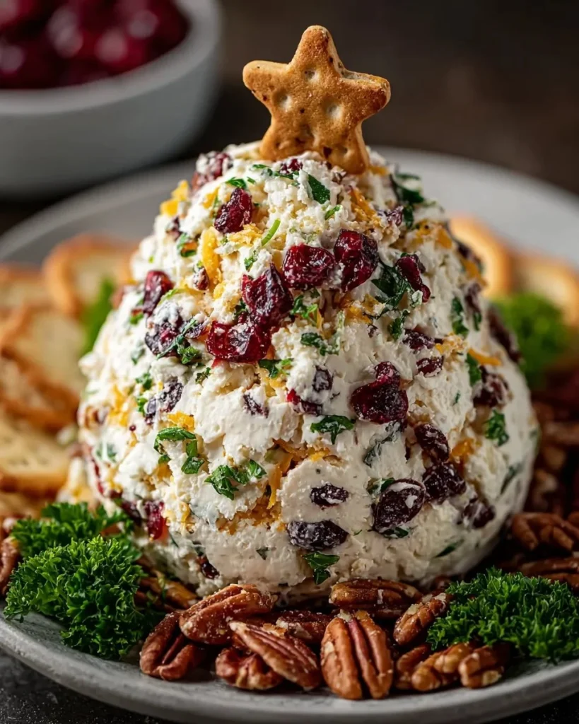 Christmas Cranberry Pecan Cheese Ball with cranberries and pecans on a serving platter