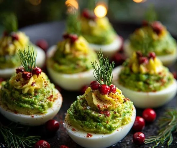Christmas tree-shaped avocado deviled eggs garnished for a festive holiday appetizer.