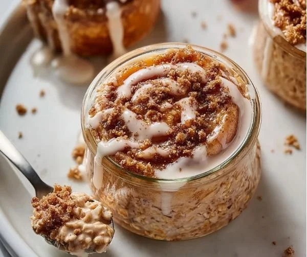 Bowl of cinnamon roll overnight oats topped with cinnamon and nuts