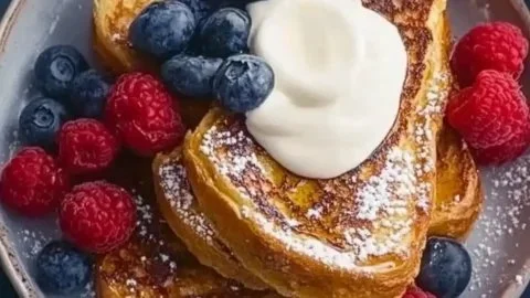 Delicious classic French toast topped with maple syrup and berries