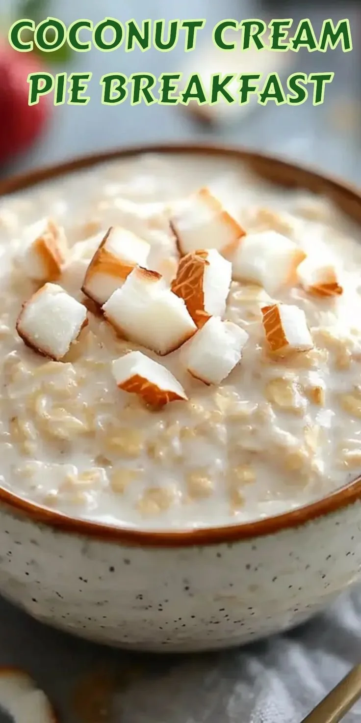 Delicious Coconut Cream Pie Overnight Oats topped with coconut flakes and fruits.