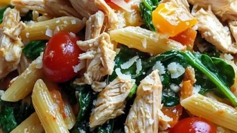 Cold Chicken Spinach Pasta Salad with fresh ingredients in a bowl