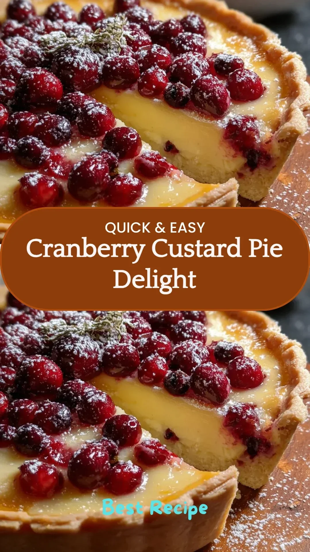 Cranberry Custard Pie Delight topped with fresh cranberries and a creamy custard layer